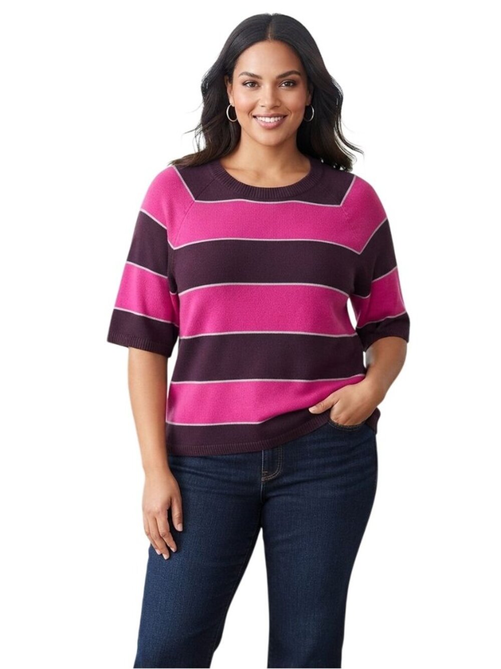 Ann Taylor 2024 Plussize Elbow Sleeve Striped Purple Pink Sweater Size 2XL